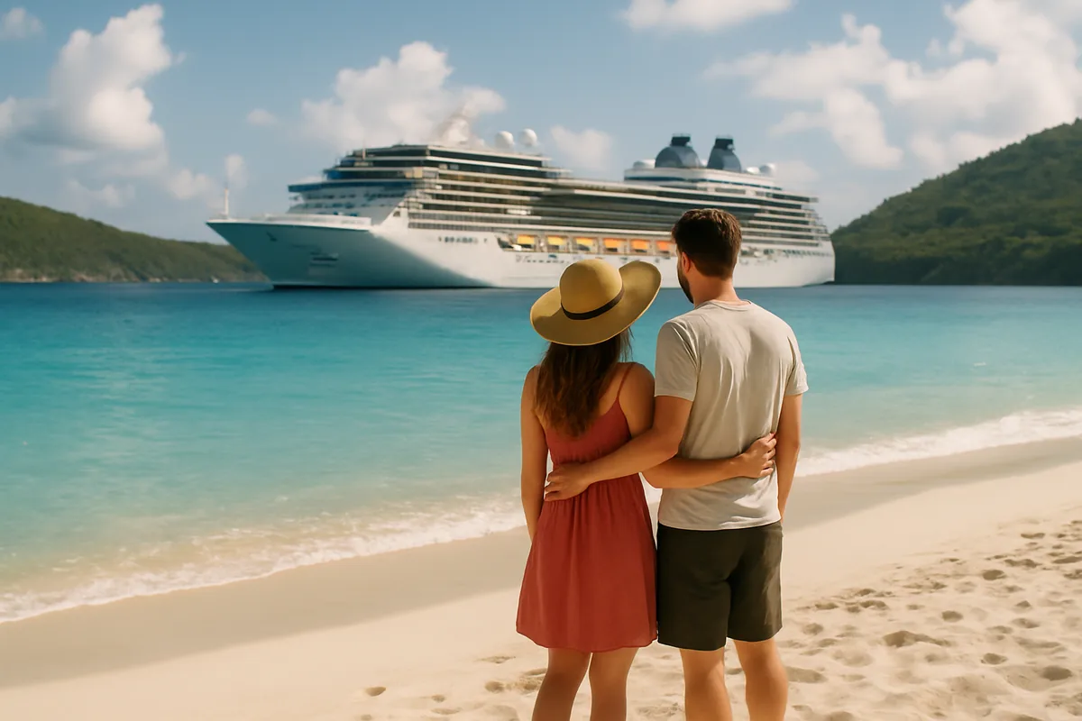 A cruise ship at sea at golden hour