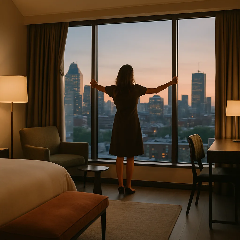 A boutique hotel room at dusk with a city skyline view
